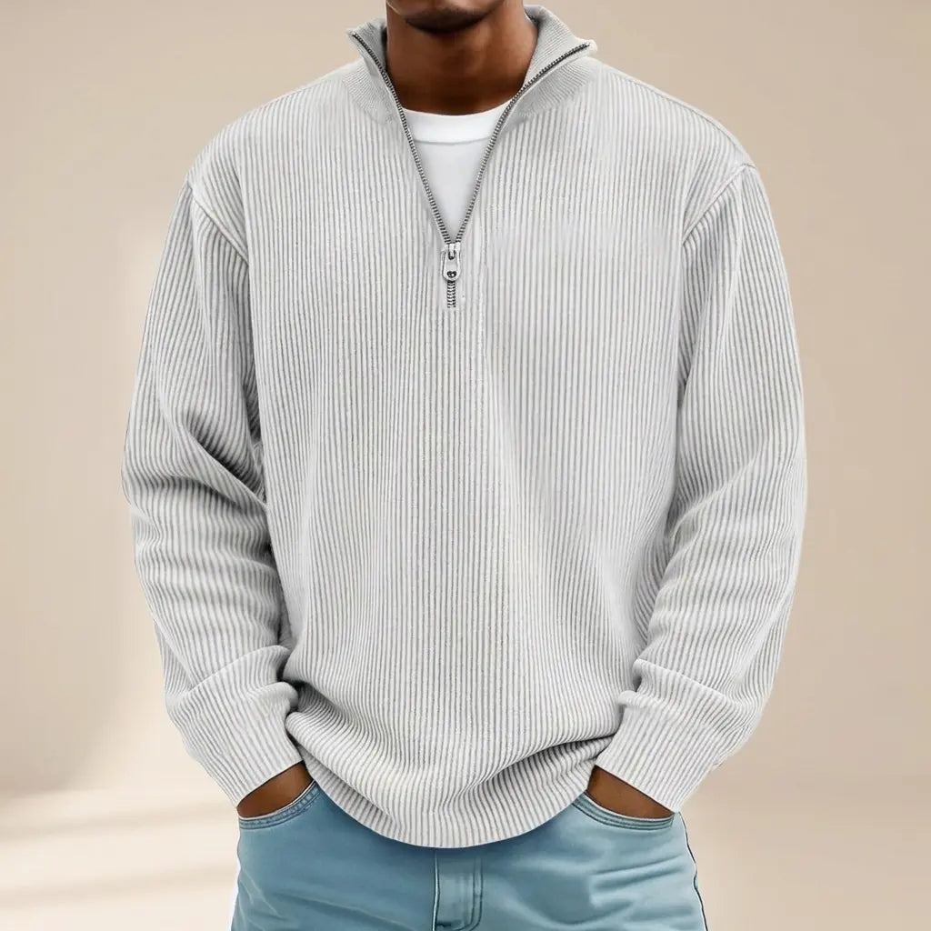 Men's white ribbed half-zip sweater, relaxed fit, front view