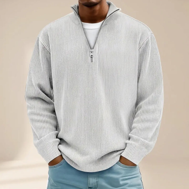Men's white ribbed half-zip sweater, relaxed fit, front view