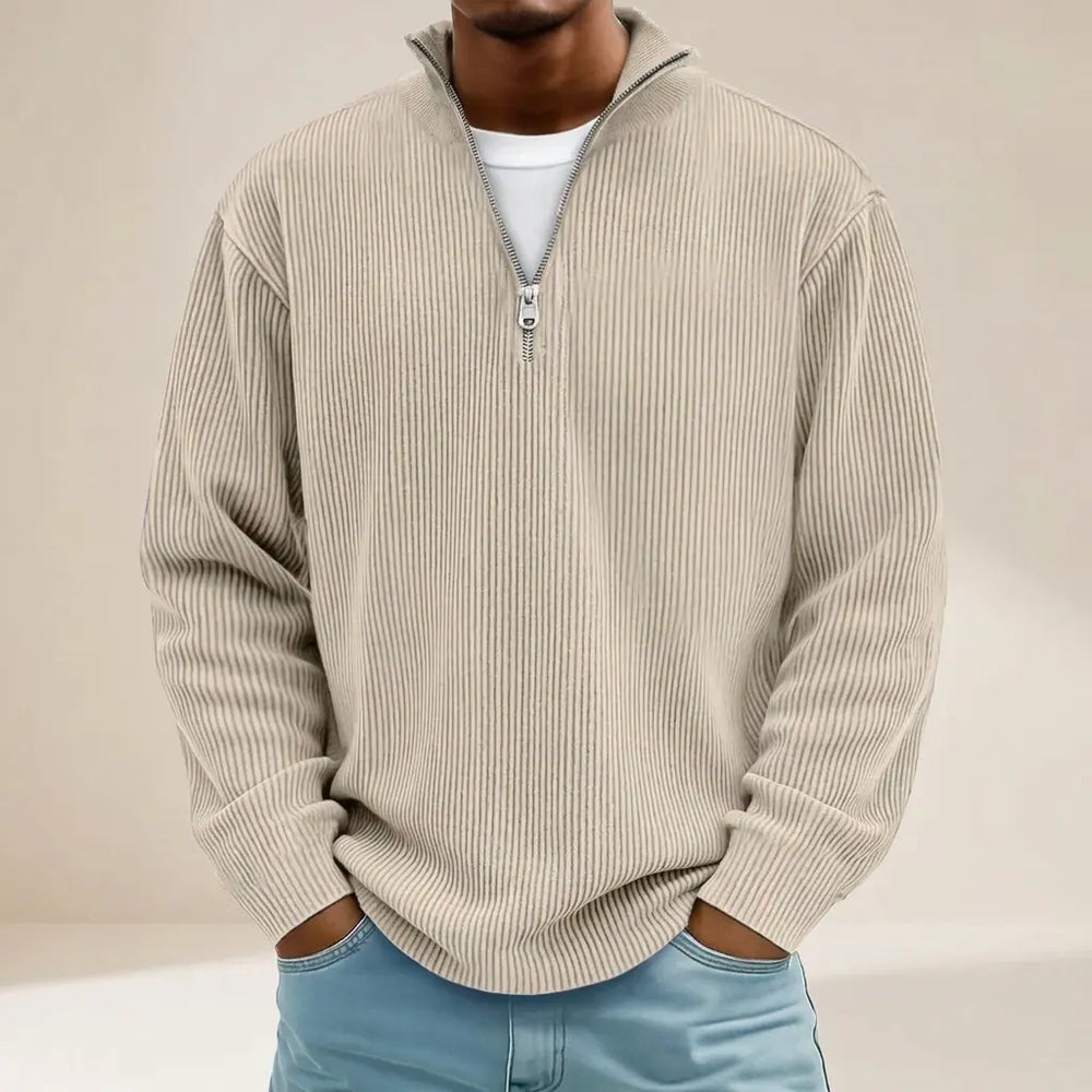 Men's khaki ribbed half-zip sweater, relaxed fit, front view