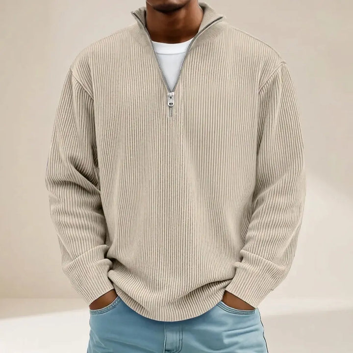 Men's khaki ribbed half-zip sweater, relaxed fit, front view