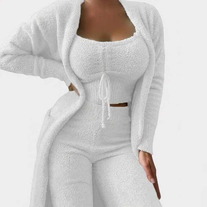 White 3-piece lounge set with knit cardigan, crop top and matching shorts