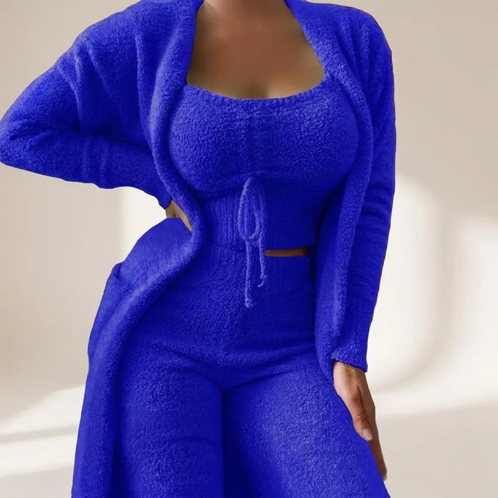 Women's knit lounge set in blue with crop top, shorts and open cardigan