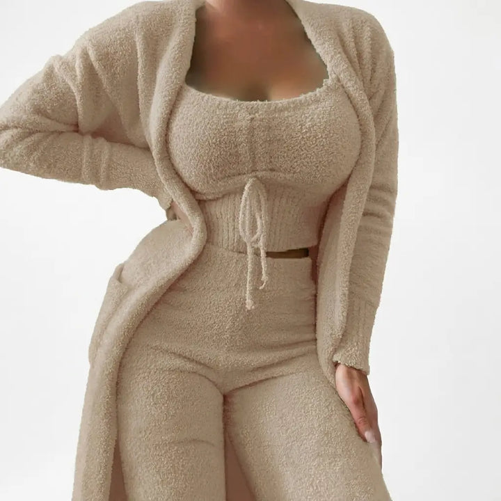 3-piece lounge set with cardigan, crop top and shorts, front view