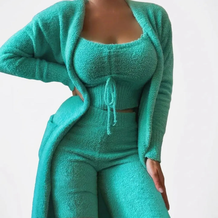 Green women's 3-piece set featuring open cardigan, crop top and shorts