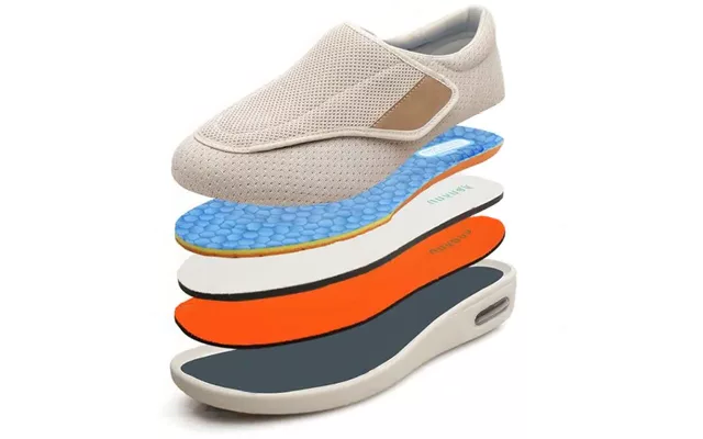 Stacked insole layers in cream, blue and orange, exploded flat lay