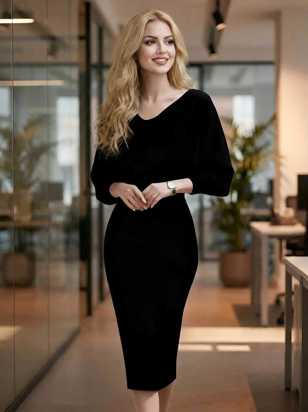 Bodycon midi dress back view showing centre zipper and bat sleeves