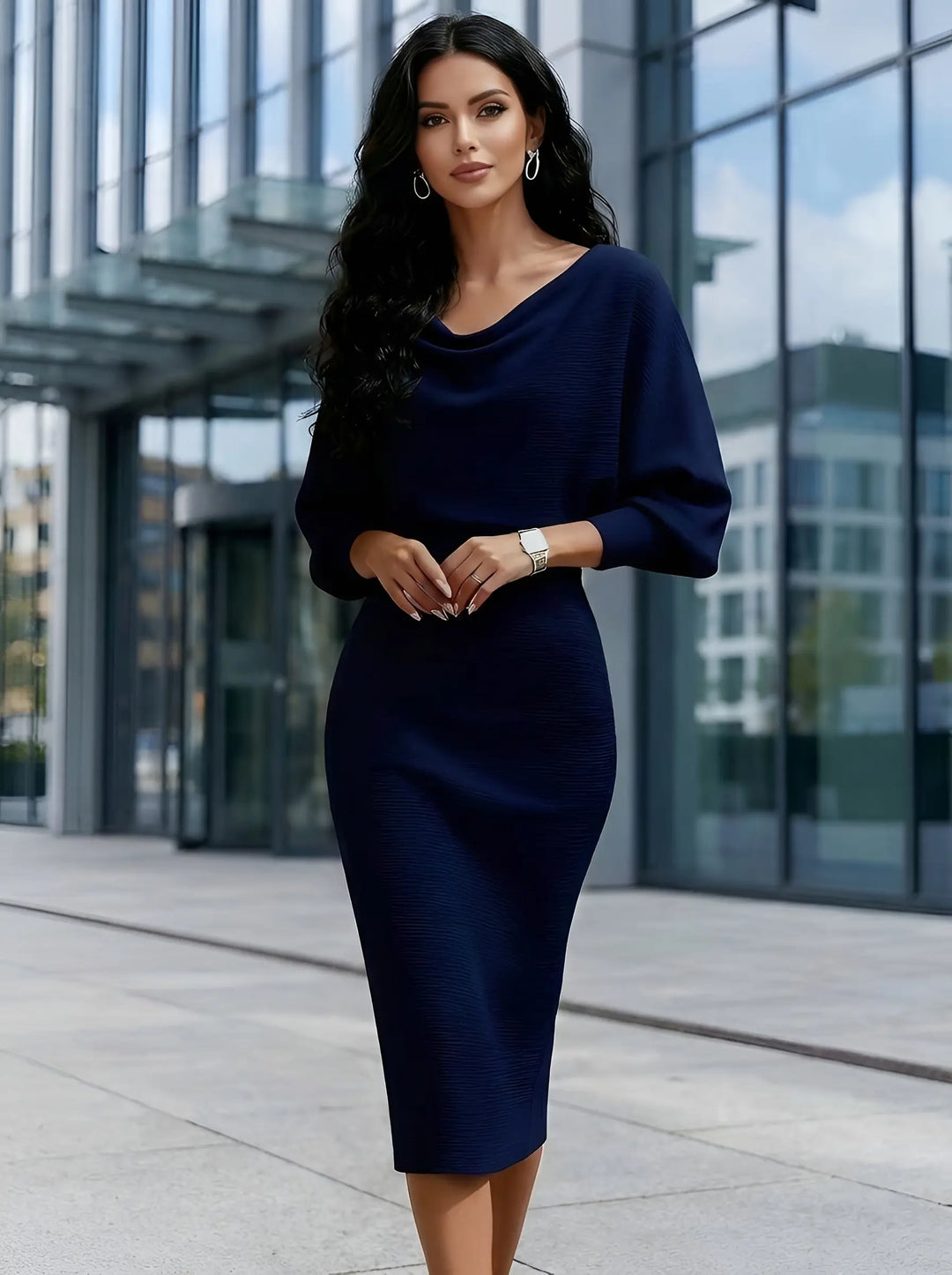 Cowl neck bodycon midi dress in gray with bat sleeves, front view