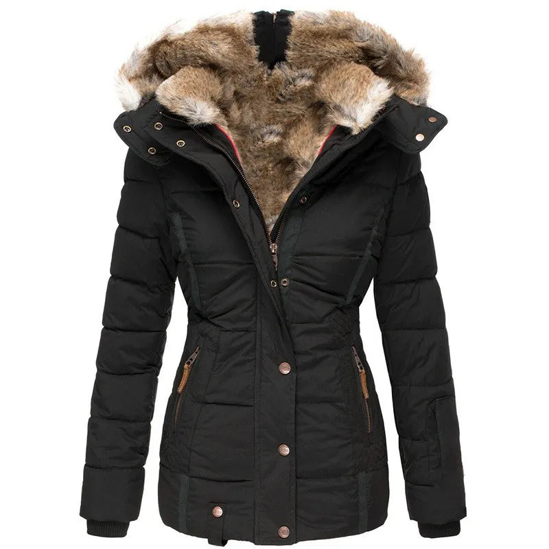 Women's insulated puffer parka with quilted exterior and gold hardware