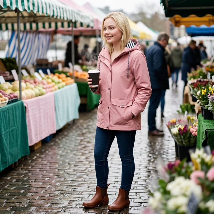 Woman wearing pink waterproof jacket outdoors with hood down and zipper open