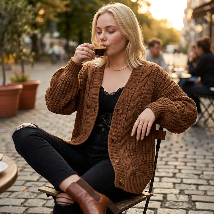 Women's cable knit cardigan sweater styled in casual lifestyle setting