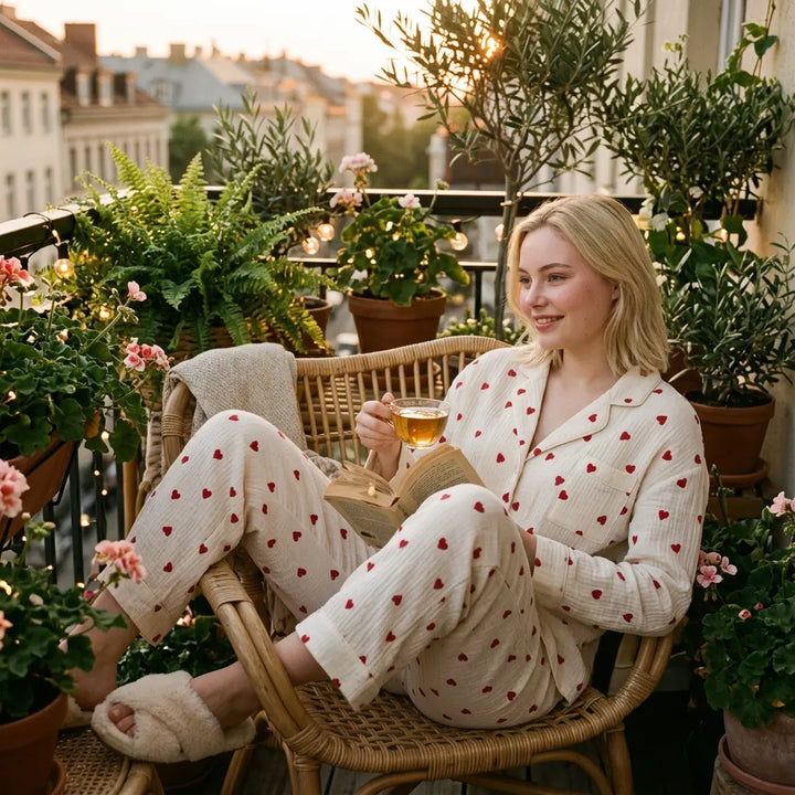 Women's Pajama Set | Long Sleeve Button-Down with Heart Print