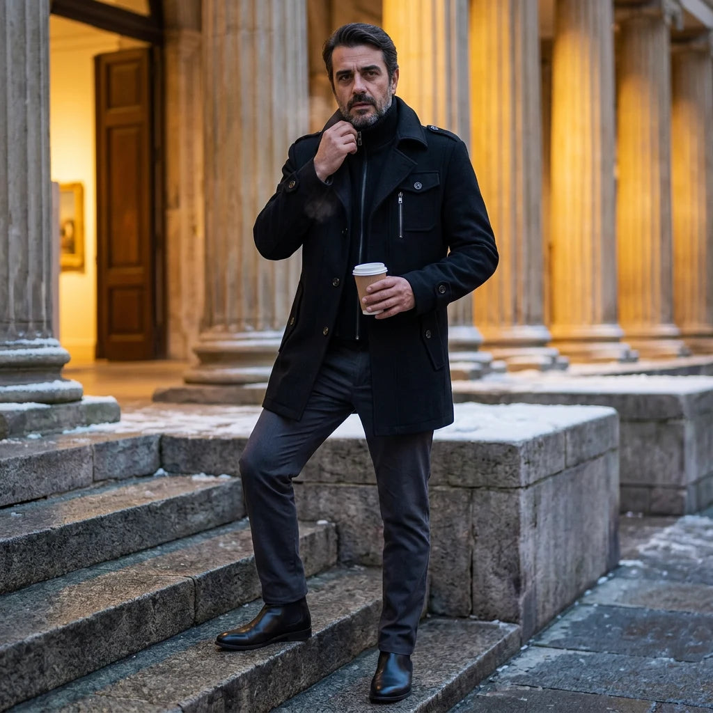 Man in black men's winter overcoat on steps of a classical building in winter
