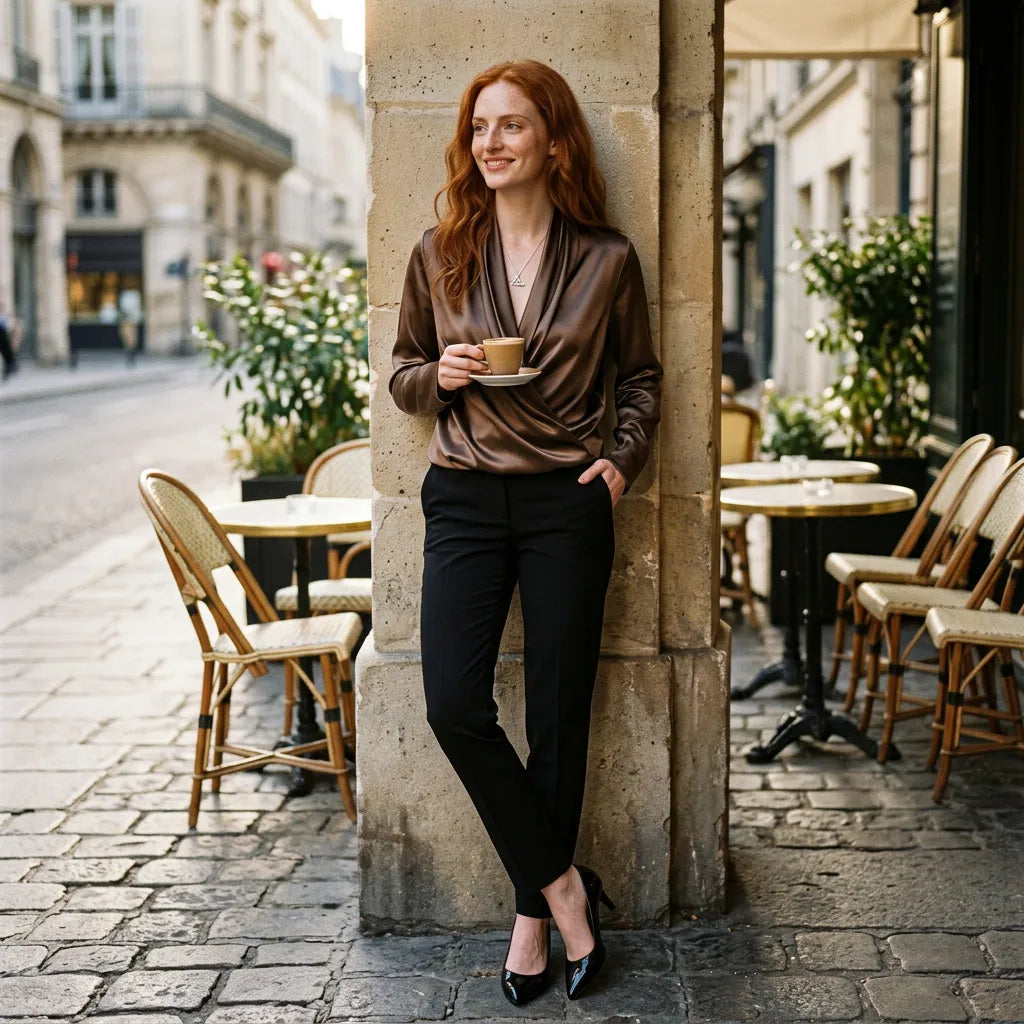 Women's wrap blouse long sleeve V-neck olive brown, lifestyle