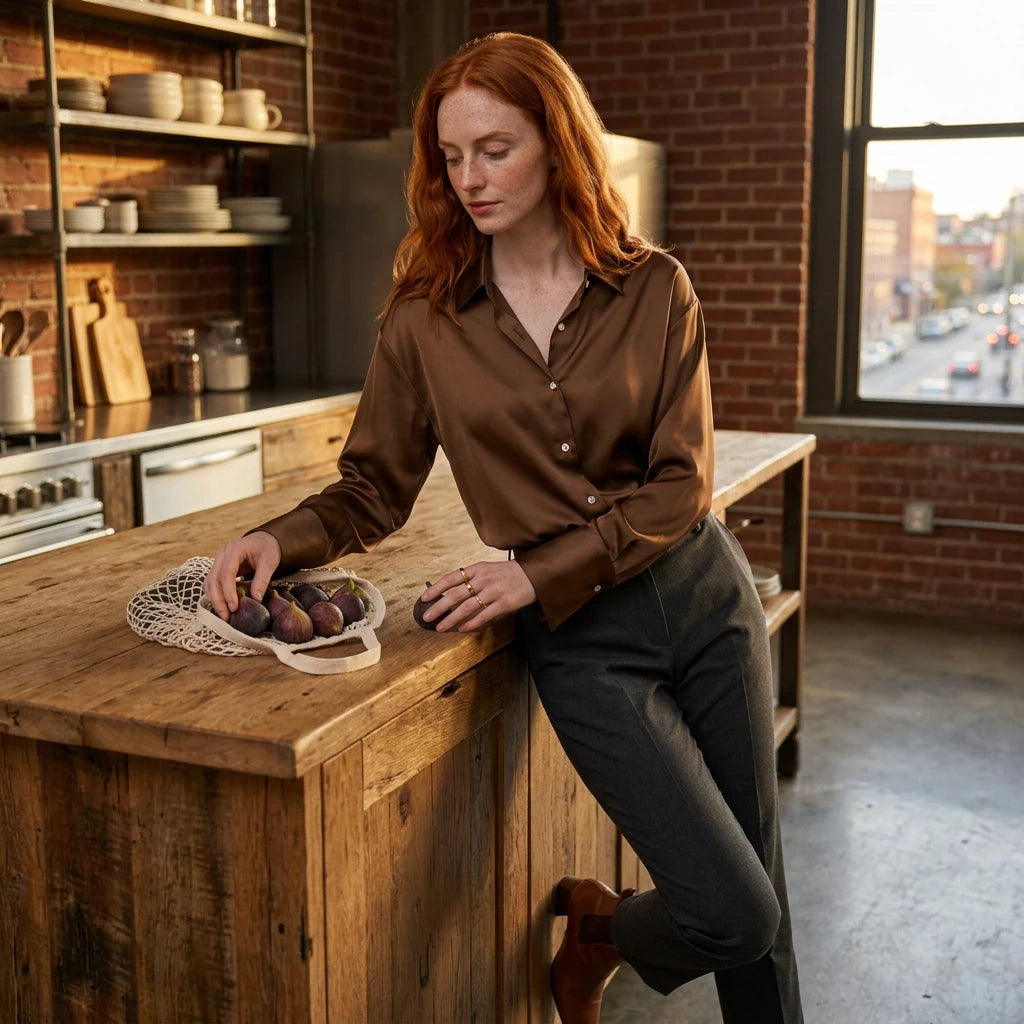 Women's brown satin blouse styled with casual outfit, lifestyle shot