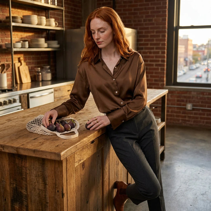 Women's brown satin blouse styled with casual outfit, lifestyle shot