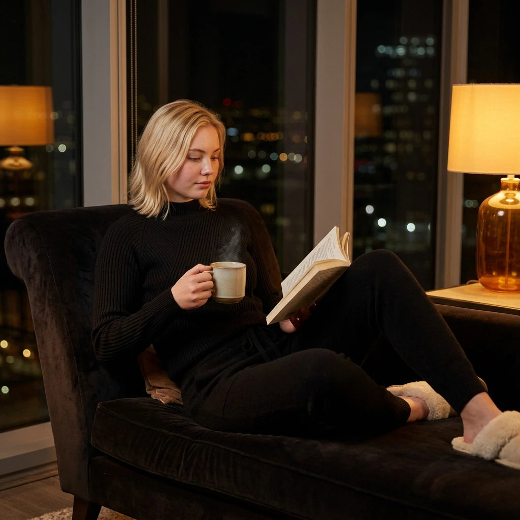 Women's knit lounge set styled in a casual lifestyle setting