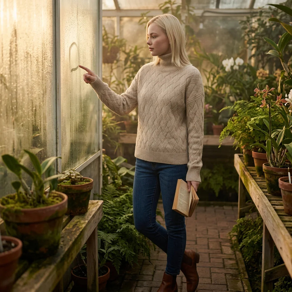 Women's loose-fit turtleneck knit sweater in beige — lifestyle outdoor shot
