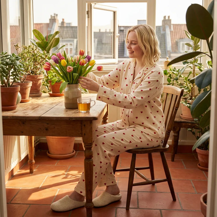 Women's Pajama Set | Long Sleeve Button-Down with Heart Print