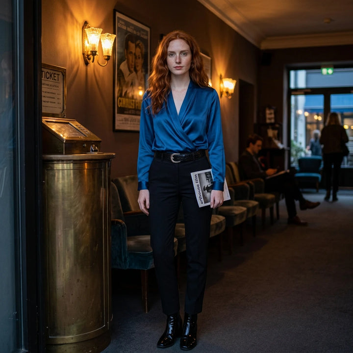 Women's wrap blouse long sleeve blue, lifestyle belted styling
