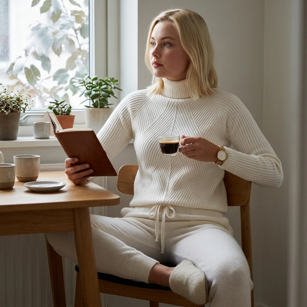 Women wearing the knit lounge set in a relaxed lifestyle setting