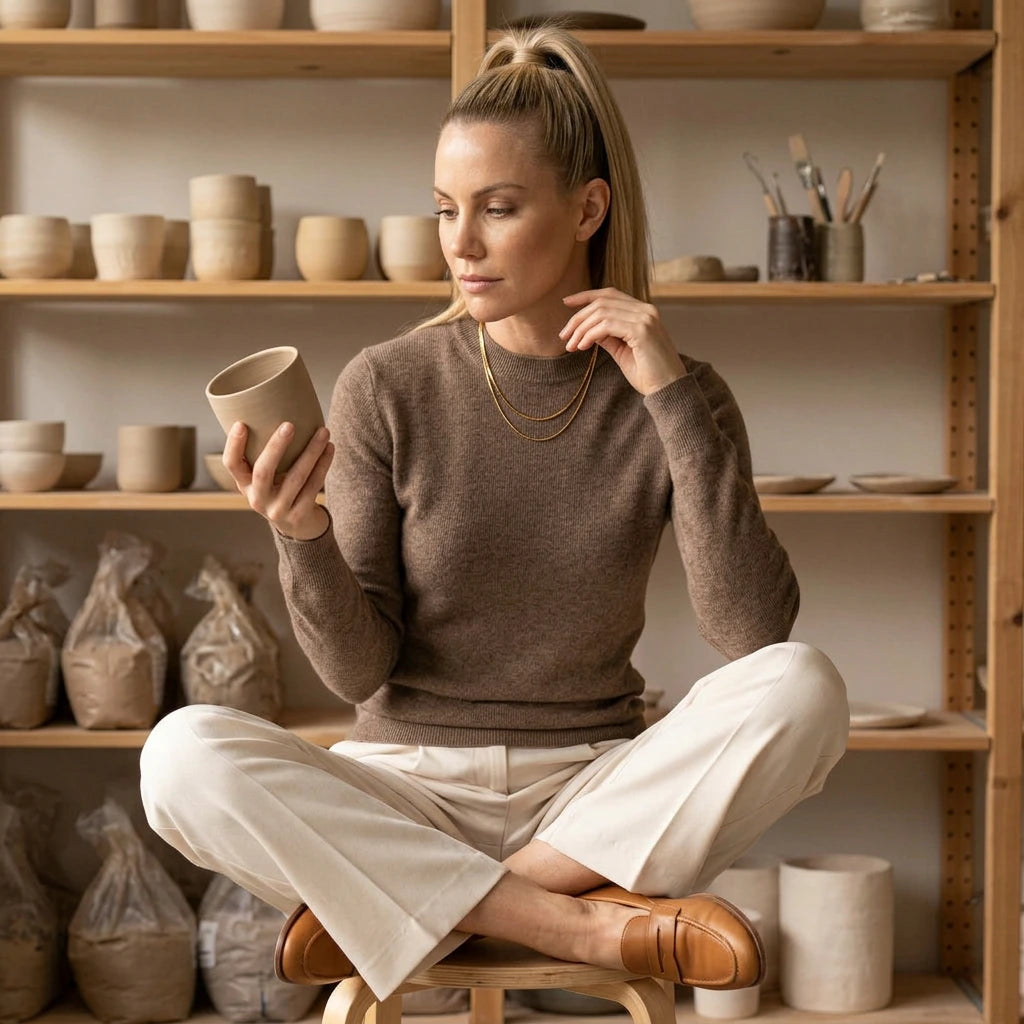 Women's taupe slim-fit knit sweater styled with white wide-leg pants, lifestyle