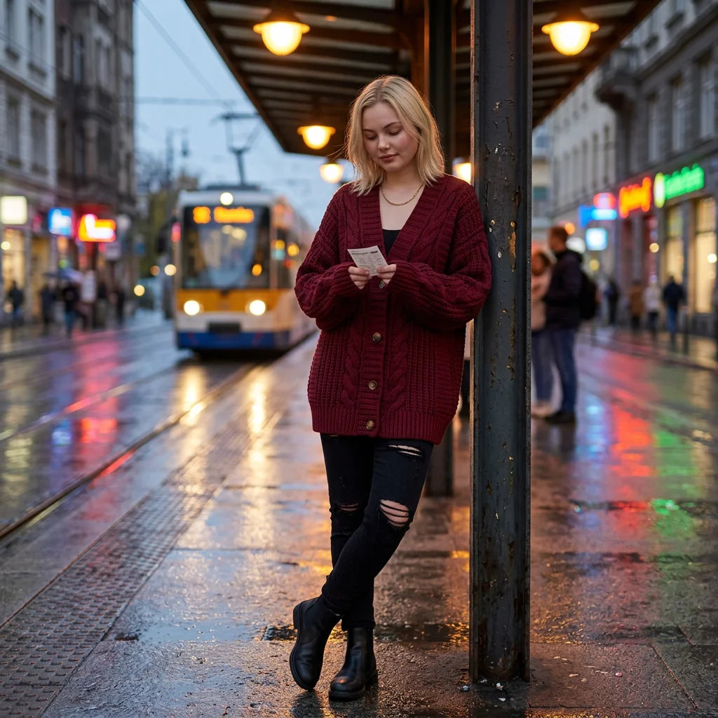 Women's cable knit cardigan styled with jeans, casual everyday look