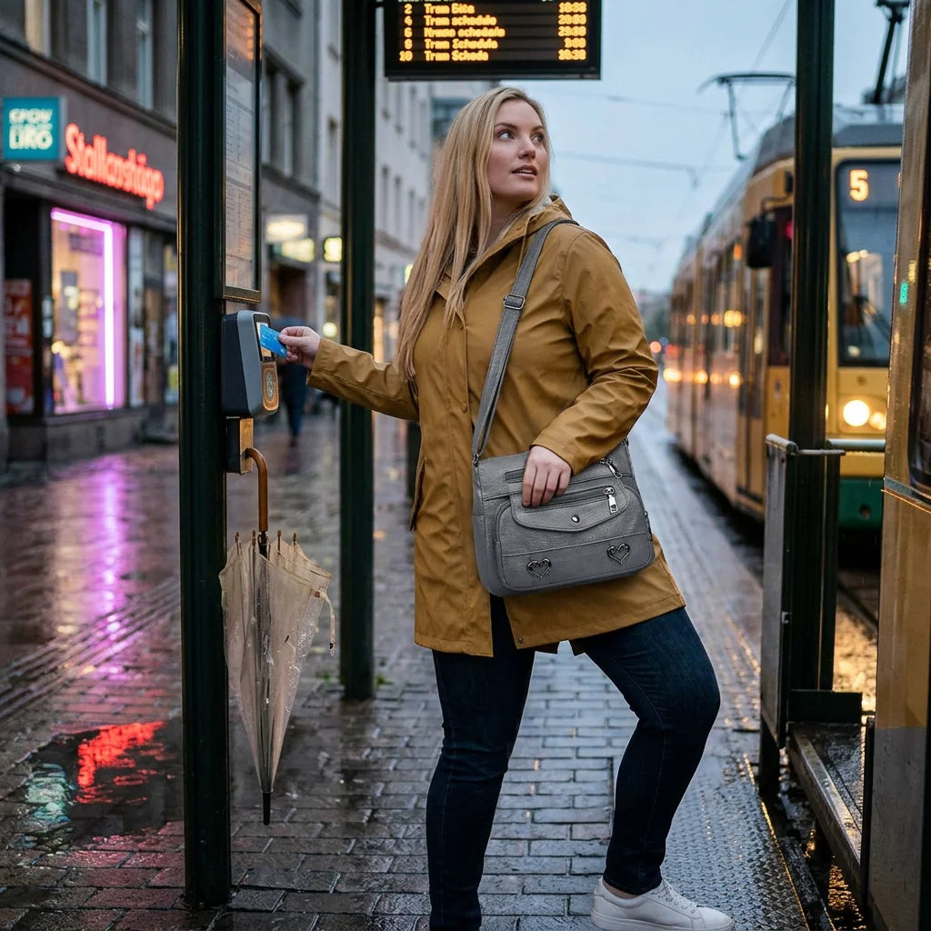 Gray shoulder bag worn on shoulder, casual lifestyle photo