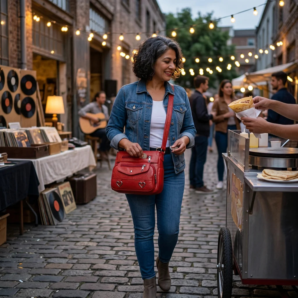 Red shoulder bag worn on shoulder, casual lifestyle photo