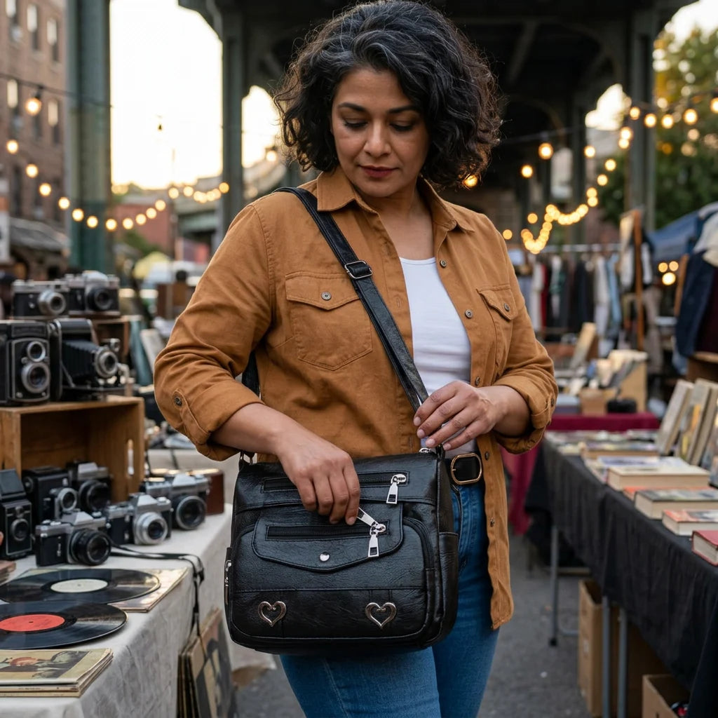 Black shoulder bag worn on shoulder, casual lifestyle photo