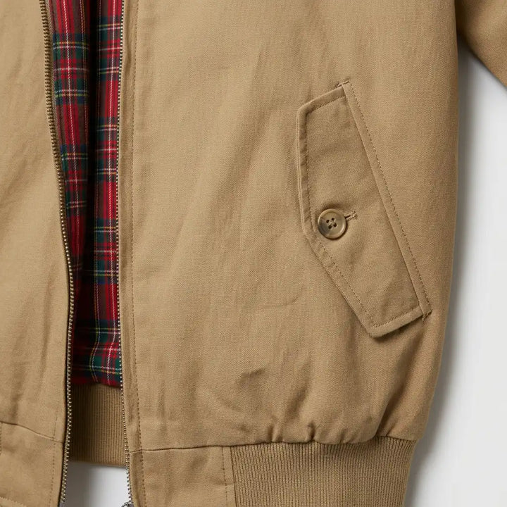 Buttoned pocket and banded collar detail on men's Harrington jacket black