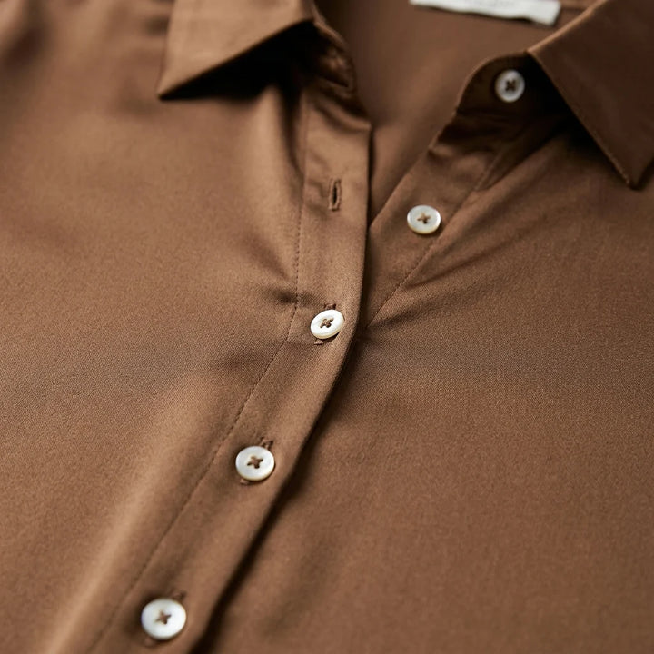 Close-up of satin blouse collar and mother-of-pearl buttons in brown