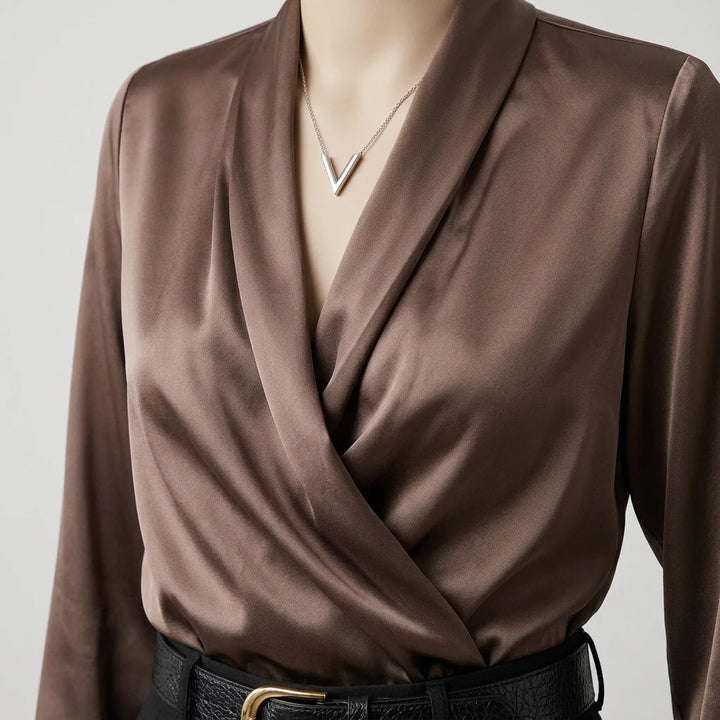 Long sleeve wrap blouse V-neckline, olive brown, detail view