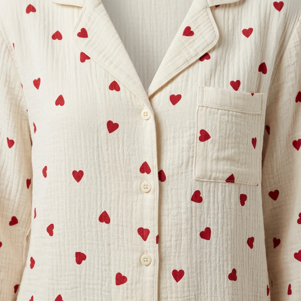 Women's Pajama Set | Long Sleeve Button-Down with Heart Print