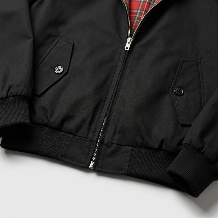Full-zip closure and pocket detail on men's Harrington jacket dark blue
