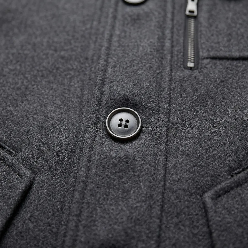 Close-up of men's overcoat button and chest zip pocket detail