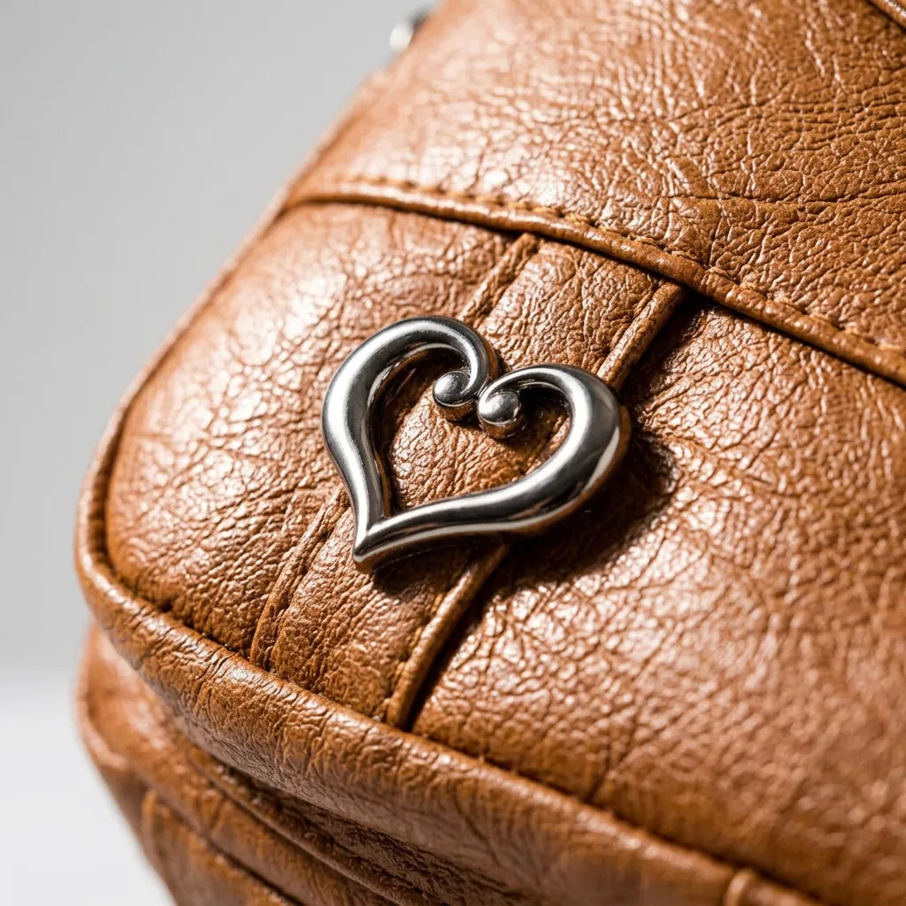 Close-up of gold-toned hardware and clasp on brown shoulder bag