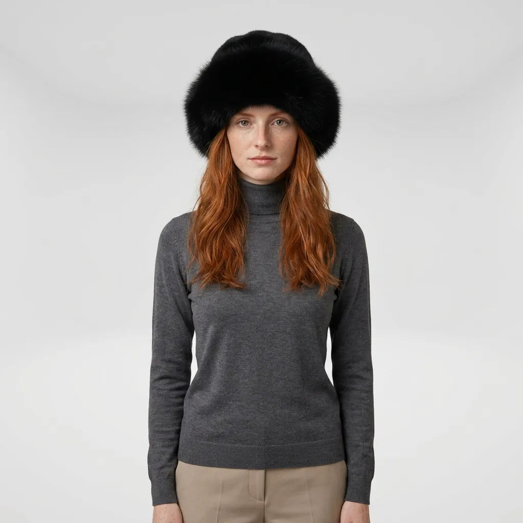 Dark brown faux fur beanie hat worn by model, casual styling