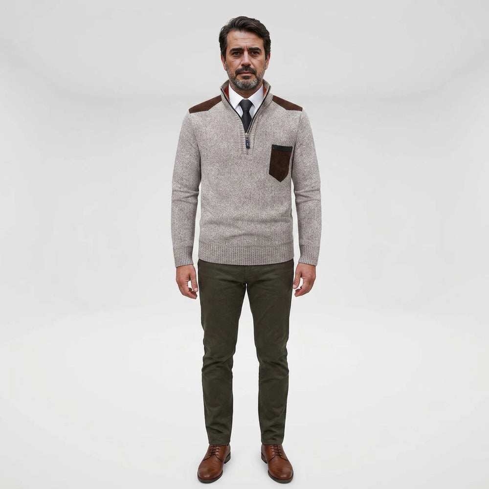 Men's half-zip pullover with kangaroo pocket, outdoor setting