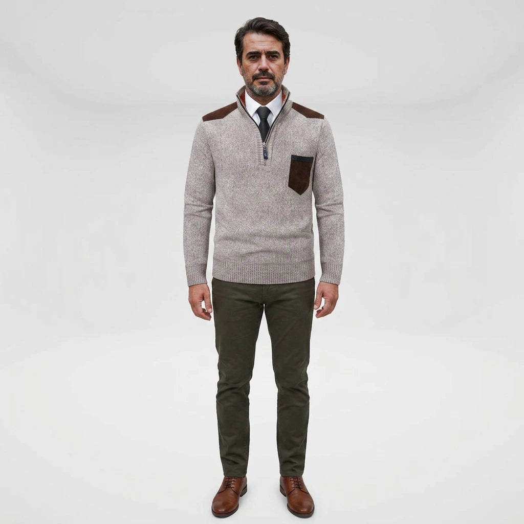 Men's half-zip pullover with kangaroo pocket, outdoor setting