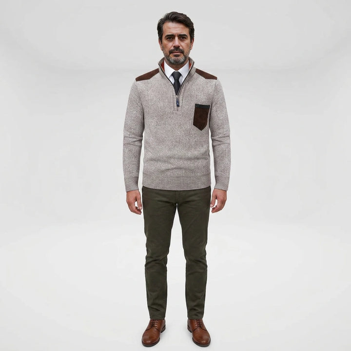 Men's half-zip pullover with kangaroo pocket, outdoor setting