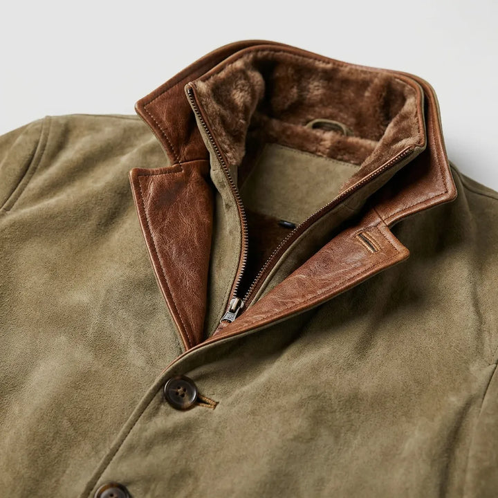 Winter jacket collar detail with inner zip and contrast brown trim