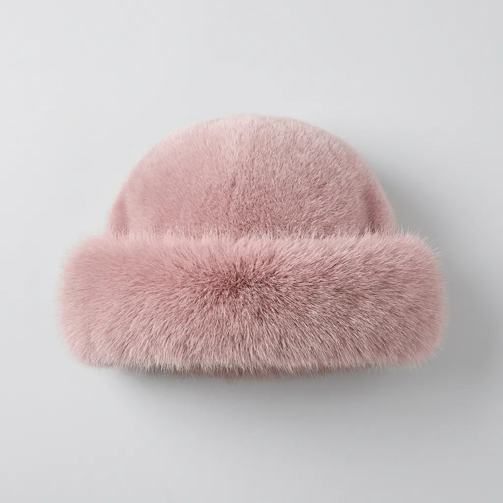 White faux fur winter beanie hat, product flat-lay on white background