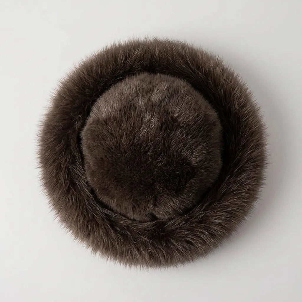 Black faux fur winter hat, flat-lay product photo