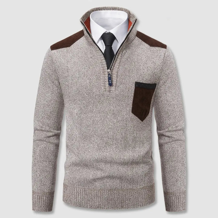 Men's half-zip sweater with chest pocket, front view