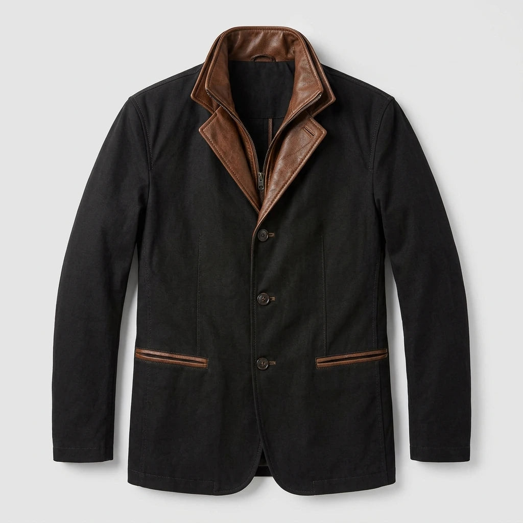 Men's brown winter jacket with button closure and inner zip bib