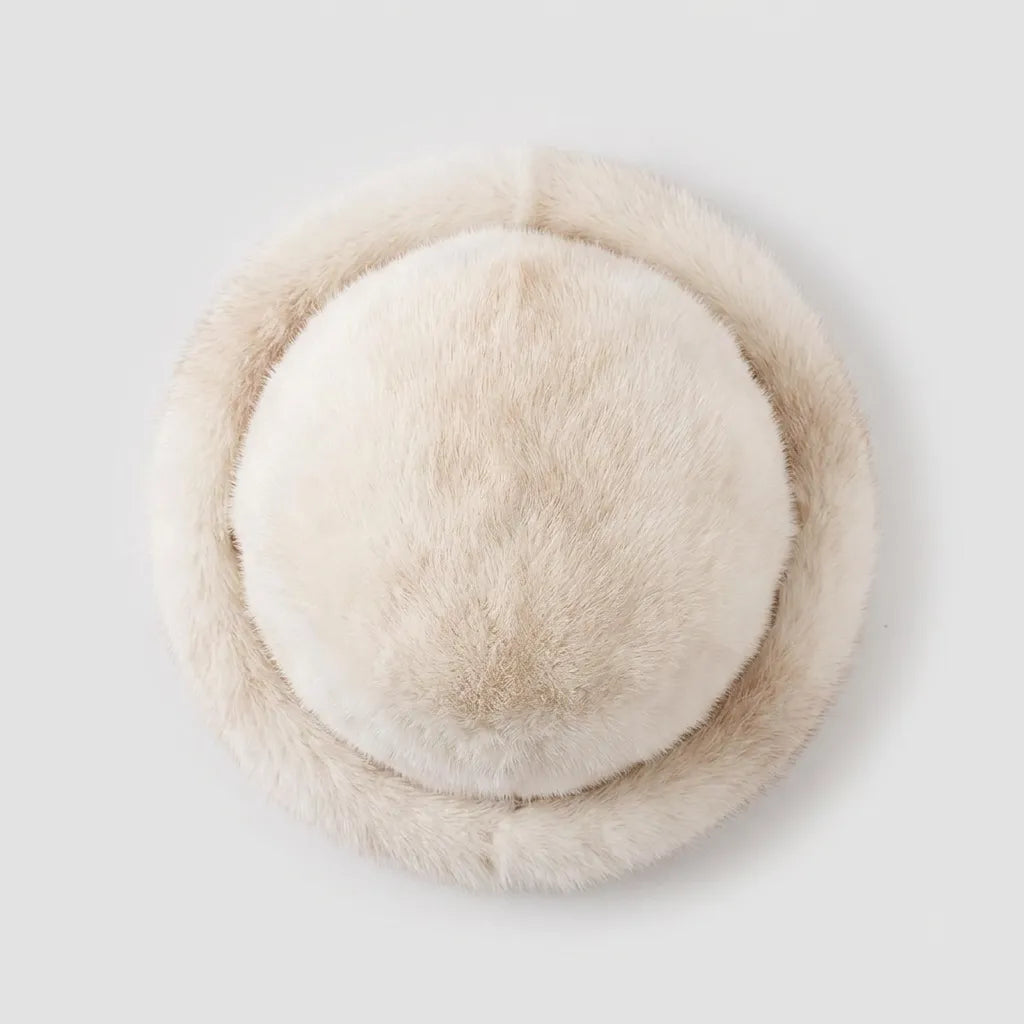 Dark brown faux fur winter beanie hat, clean product shot