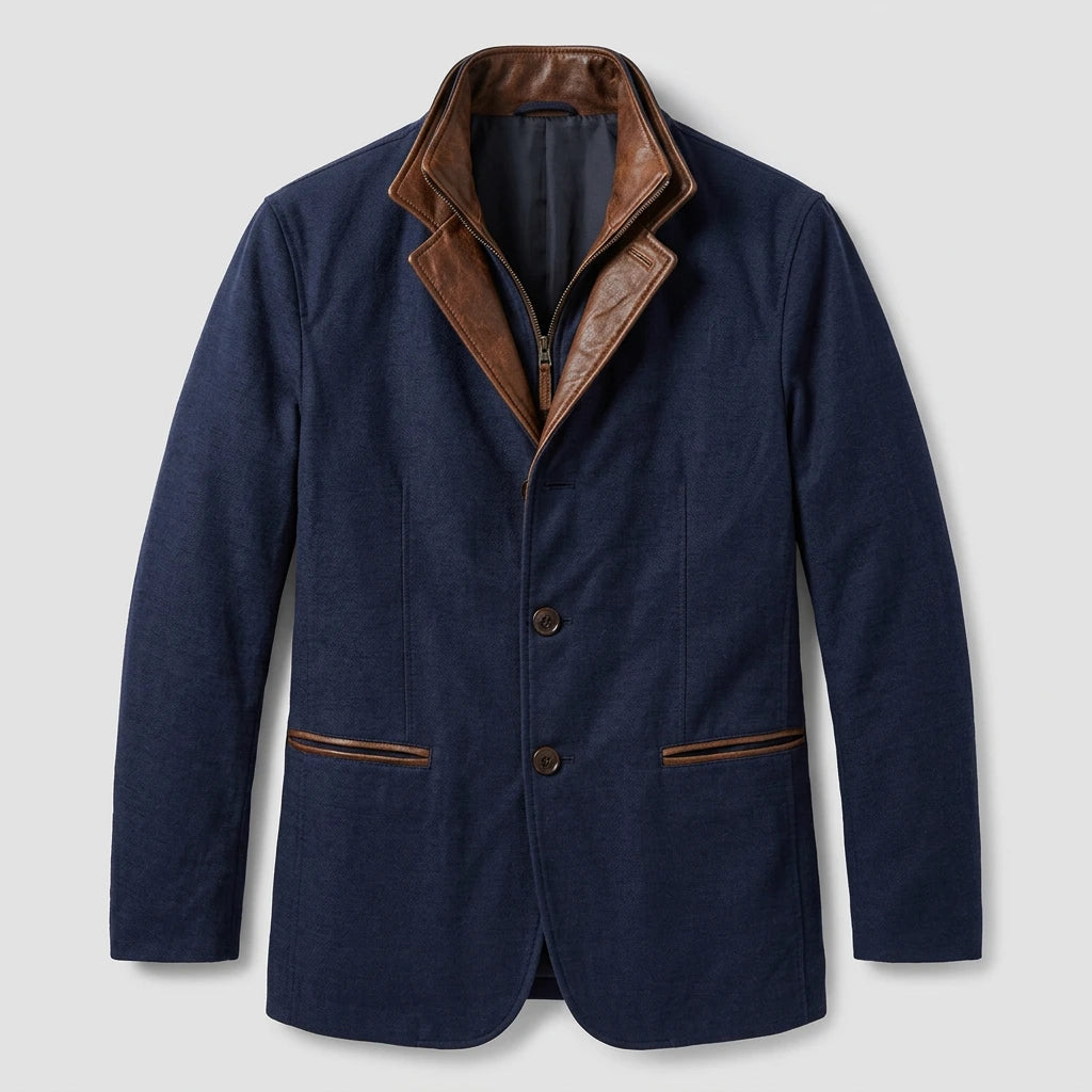 Men's black winter jacket with button closure and brown leather-trim bib