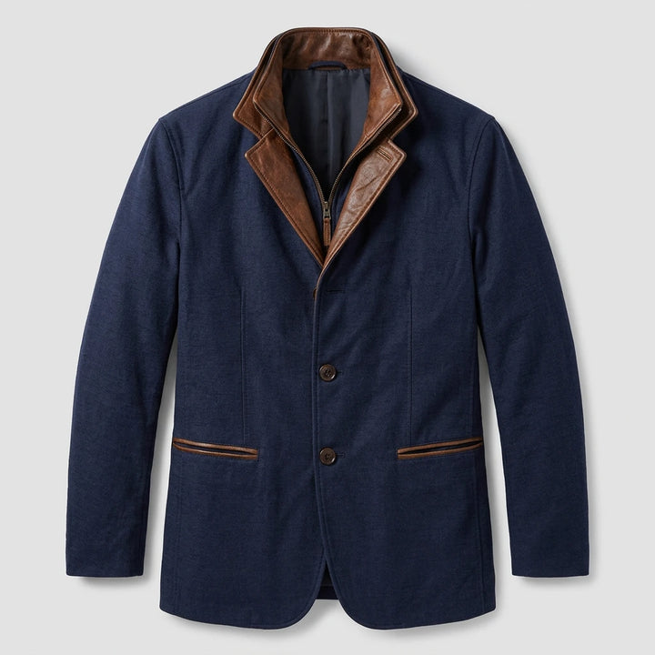 Men's black winter jacket with button closure and brown leather-trim bib