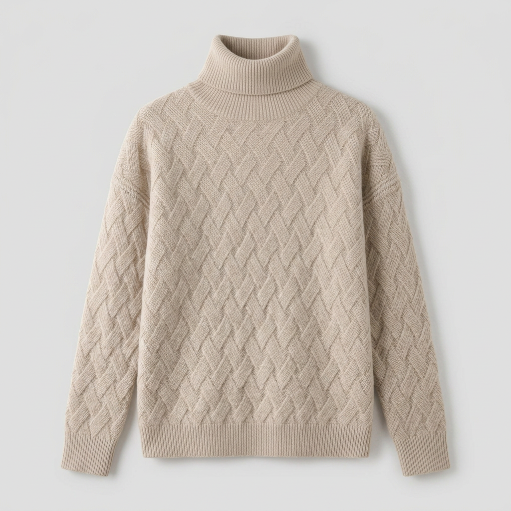 Women's turtleneck pullover sweater in camel, relaxed fit — product flat lay