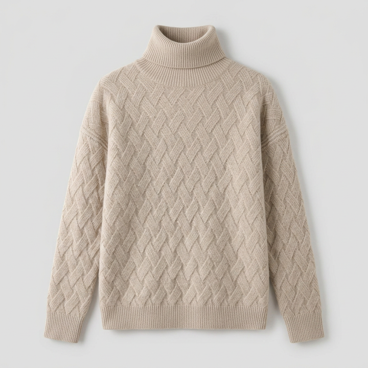 Women's turtleneck pullover sweater in camel, relaxed fit — product flat lay